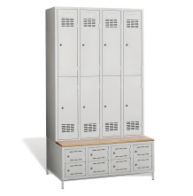 8+8-dveřová šatní skříň s krátkými dveřmi, zabud. lavicí a skříněmi na obuv, COMFORT H 4/8 