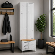 4+4-dveřová šatní skříň se Z-kovými dveřmi, zabudovanou lavicí a skříněmi na obuv, COMFORT H Z4 300