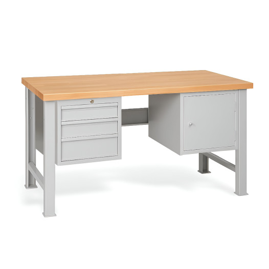 MODULBENCH GE 1500 D3C1 | Pracovní stůl se 3 závěsnými zásuvkami a skříňkou, s pevnými nohama, 1500 mm