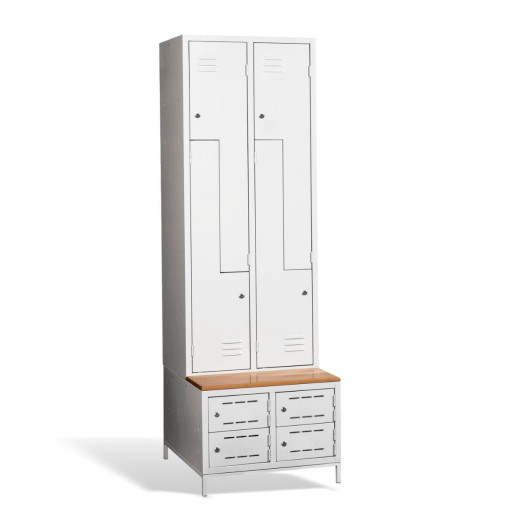 4+4-dveřová šatní skříň se Z-kovými dveřmi, zabudovanou lavicí a skříněmi na obuv, COMFORT H Z4 300